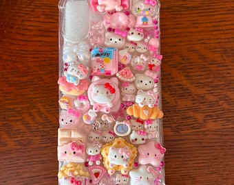 Pink Kawaii Cat Charm iPhone 16 Plus Case – Handmade Decoden Bling