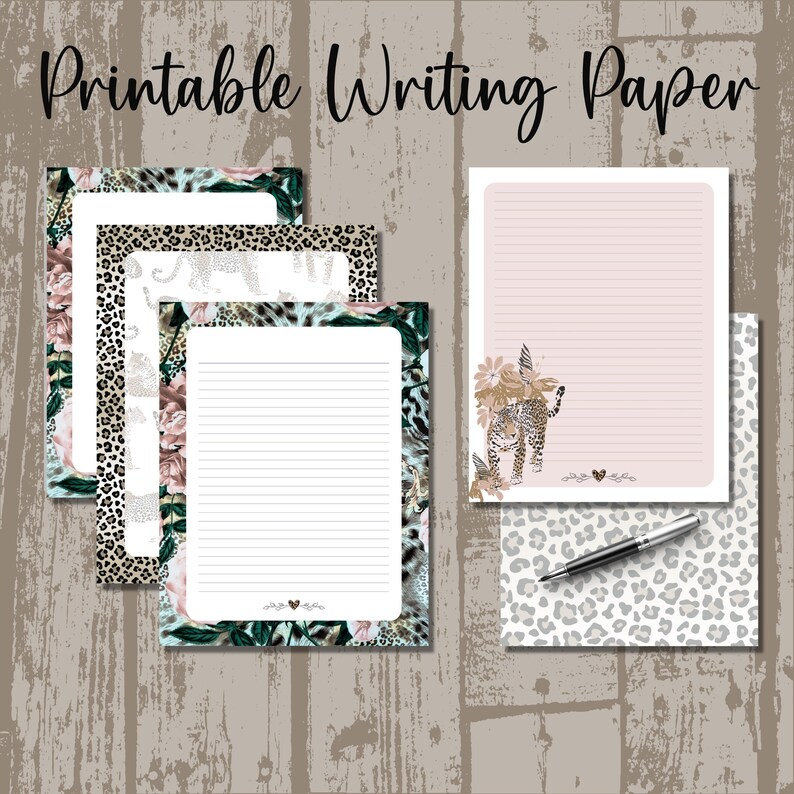Printable Stationery, Writing Paper, Set of 5 Leopard Print, Jungle