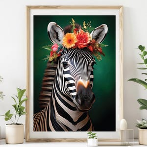 May include: A black and white zebra with a colorful flower crown on its head. The zebra is looking directly at the camera. The background is a dark green.