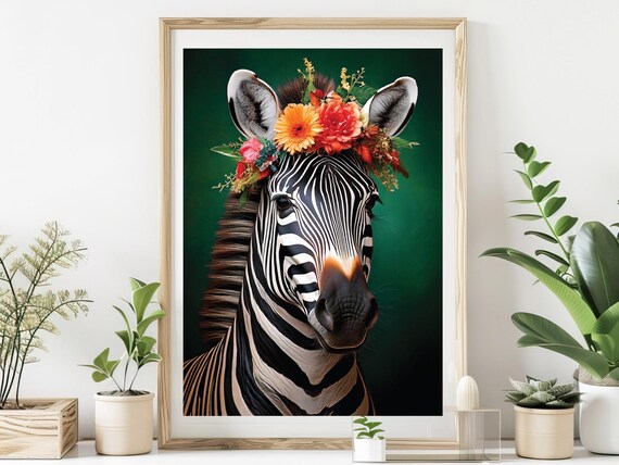 Floral Zebra Wall Art – Quirky Animal Print with Flower Crown – A4 Maximalist Décor