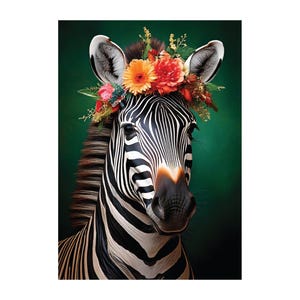May include: A black and white zebra with a colorful flower crown on its head. The zebra is looking directly at the camera. The background is a dark green.