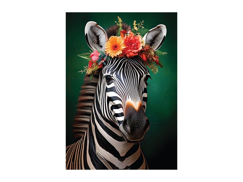 May include: A black and white zebra with a colorful flower crown on its head. The zebra is looking directly at the camera. The background is a dark green.
