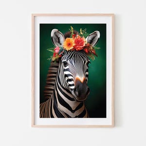 May include: A black and white zebra with a colorful flower crown on its head. The zebra is looking directly at the camera. The background is a dark green.