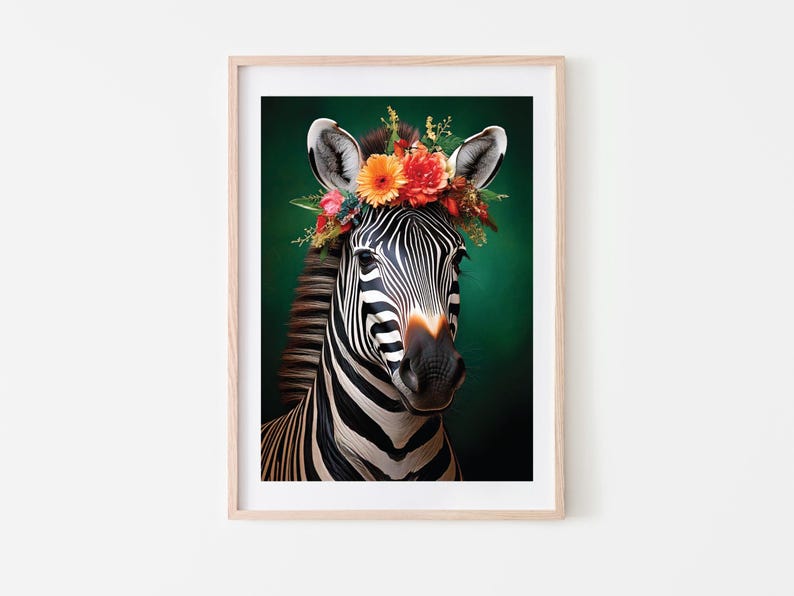 May include: A black and white zebra with a colorful flower crown on its head. The zebra is looking directly at the camera. The background is a dark green.