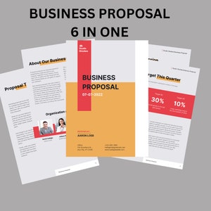 Könnte beinhalten: Eine Business-Proposal-Vorlage mit einem roten und gelben Farbschema. Die Vorlage enthält Abschnitte für "Über unser Unternehmen", "Vorschlag", "Organisation" und "Ziel dieses Quartals". Das Dokument trägt den Titel "Business Proposal 07-07-2022".
