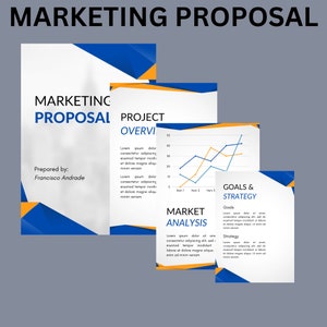Könnte beinhalten: Eine Marketing-Vorschlagsvorlage mit einem blauen und orangen Farbschema. Die Vorlage enthält Abschnitte für die Projektübersicht, die Marktanalyse, die Ziele und die Strategie. Die Vorlage enthält auch ein Diagramm, das das Wachstum im Laufe der Zeit zeigt.