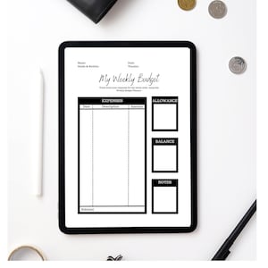 May include: A black and white printable budget planner with sections for expenses, allowance, balance, and notes. The planner has fields for date, description, and amount.