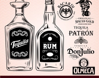 Alcohol drink rum, ron, tequila bottles, custom and famous marks labels SVG bundle. Vector on white background. Instant digital download.