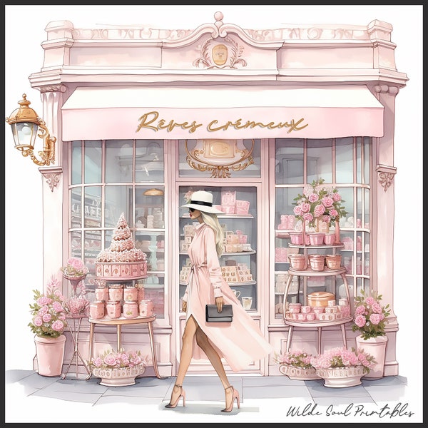 Commercial Free illustrations of Watercoloured Clipart Bundle Shop Front with Models and Cakes PNG and JPG