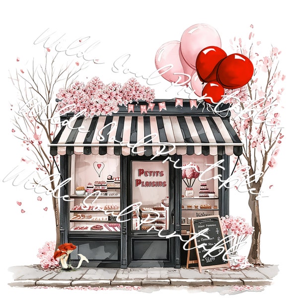 Cute French Valentines Shop PNG Clipart - Watercolor Paris Cafe, Junk Journals, Scrapbook, Invitation Cards, Free Commercial Licence