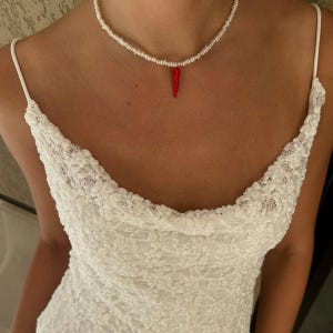 Cornicello Charm Necklace | Freshwater Pearl Choker | Italian Horn Protection Amulet | Dainty Summer Jewelry | Handmade Gift for Her
