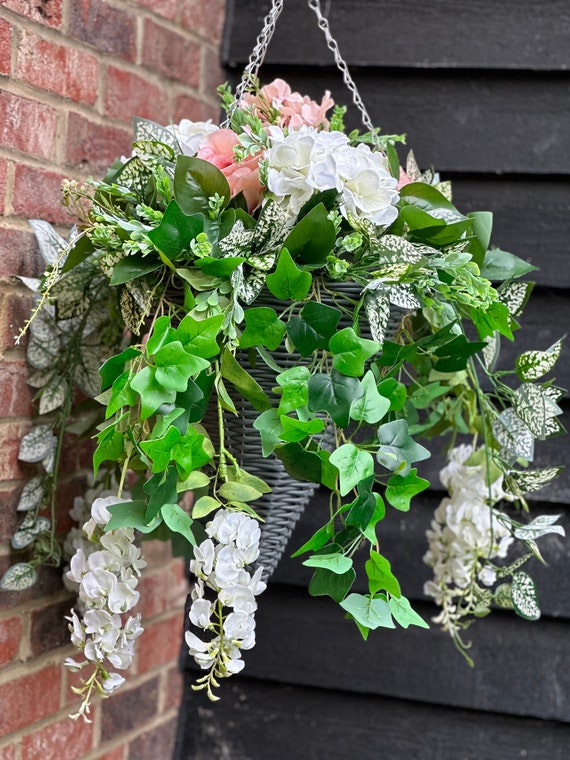 12 Hanging cone shape wicker style Basket with Top Quality Silk Flowers  and Greenery.