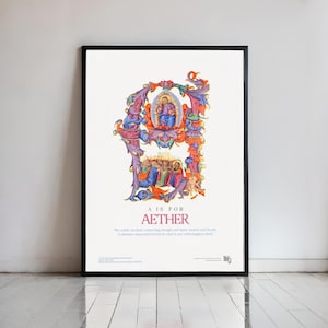 May include: Framed art print featuring a colorful illustration with the text "A is for AETHER". The artwork depicts a stylized letter "A" with religious figures and ornate floral designs in shades of blue, purple, orange, and green.