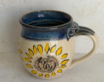 Hand-Painted Pottery Sunflower  Mug – Blue Cream Ceramic Rustic Stoneware Coffee Cup