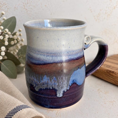Handmade Straight Sided Pottery Mug | Blue & Plum Glaze Ceramic Coffee Mug | Artisan Stoneware Cup