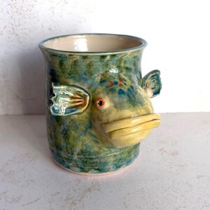 Handmade Pottery Wide Mouth Bass Mug, Stoneware Fish Coffee Mug, Fisherman Gift, Nature Lover