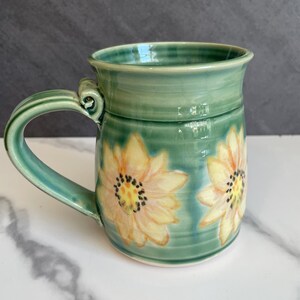 Handmade Fall Flower Mug – Wheel Thrown Ceramic Pottery Cup with Hand Painted Floral Design