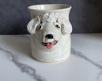 Handmade Poodle Dog Mug – Handsculpted Ceramic Pottery with Curly Details