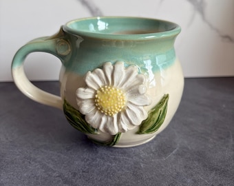 Handmade Daisy Mug – 3D Floral Pottery Cup, Wheel-Thrown, Hand-Sculpted & Hand-Painted Ceramic