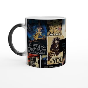 Puede incluir: Taza de cerámica blanca con un collage de imágenes de Star Wars, incluyendo Darth Vader, Luke Skywalker y The Child. La taza tiene un asa negra y un interior blanco, con las palabras "STAR WARS".