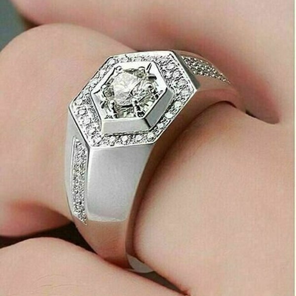 Mannen diamanten ring, mannen verlovingsring, 14K wit goud, 1,8 Ct ronde diamant, mannen statement ring, cadeau voor hem, mannen sieraden, op maat