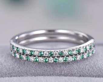 Dainty Bridal Ring Set, Engagement Bridal Ring Set, 14K White Gold Plated, 1.93 Ct Emerald Ring Set, Full Eternity Band, Birthday Gift