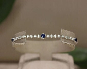 Bracciale di pietre preziose, braccialetto minimalista, braccialetto di nozze, regalo per lei, regalo di anniversario, braccialetto di zaffiro da 1,32 ct, placcato in oro bianco 14K