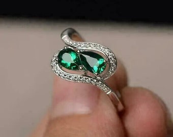 Gemstone Ring, Women's Engagement Wedding Ring, 14K White Gold, 2.3 Ct Pear Cut Emerald Ring, Bypass Ring, Birthday Gift, Mother's Day Gift