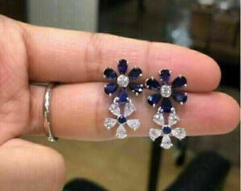 Flower Diamond Earrings, Wedding Dangle Earrings, Gemstone Earrings, 14K White Gold, 2.78 Ct Pear Cut Sapphire Earrings, Mother's Day Gift