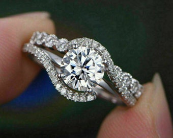 Conjunto de anillos nupciales, Conjunto de anillos de compromiso de diamantes, Anillo de diamantes redondos de 2,21 quilates, Regalo de aniversario, Oro blanco de 14 qt, Conjunto de anillos de bodas, Joyería nupcial