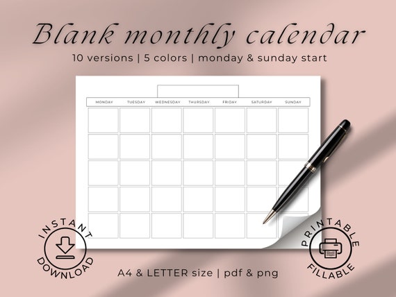 Blank Monthly Calendar Printable Landscape Calendar Office - Etsy