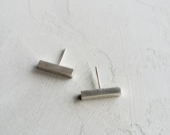 Bar Stud Earrings, Sterling Silver 925, Handmade, Minimal Modern Design, Unisex