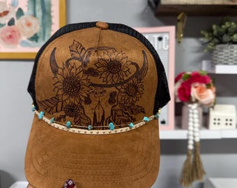 Hand-Burned Sunflower Cow Skull Trucker Hat – Suede Western Cap with Turquoise