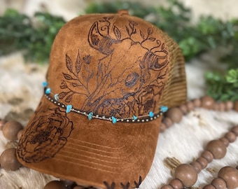Hand-Burned Cow Skull Trucker Hat - Western Floral Suede Cap with Turquoise Beading