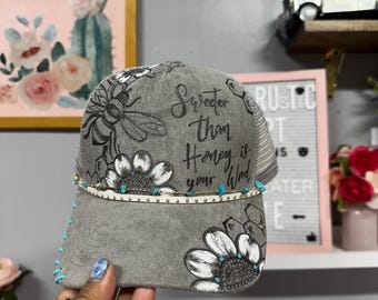Hand-Burned Honey Bee Trucker Hat – Western Floral Suede Cap with Turquoise