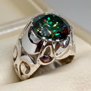12 Carat Round Cut Natural Green Diamond Mens Engagement Ring Pure Sterling Silver 925 Ring Handmade Real Moissanite Diamond Ring
