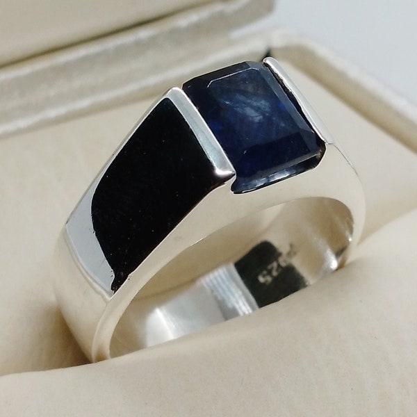 Bague Neelam en argent sterling 925 avec saphir bleu taille émeraude naturelle de 4 carats