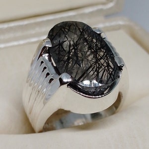 Natural Muh e Najaf Sterling Silver 925 Handmade Mens Ring Rutilated Quartz Ring Black Quartz Ring