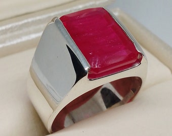 Big Deep Red Ruby Sterling Silver 925 Handmade Mens Simple design Ruby Ring, Yaqoot Ring Gift for him