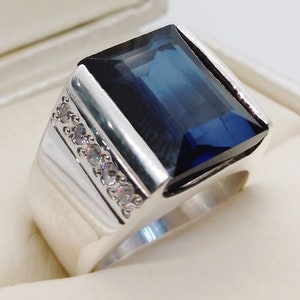 Anillo de plata de ley 925 con topacio azul profundo de Londres de 12 quilates, forma cuadrada, hecho a mano, para hombre