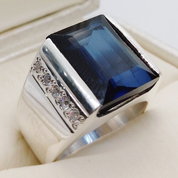 12 Carat Rare Deep Blue London Topaz Mens Square Shape Ring Sterling Silver 925 Handmade Topaz Ring