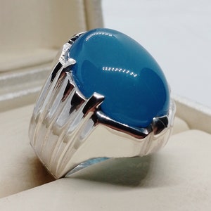 Natural Blue Agate Handmade Sterling Silver 925 Ring,  Sterling Silver Blue Aqeeq Ring Carnelia Ring, Gift for him