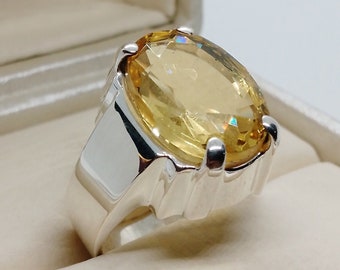 15 Carat Rare Yellow Citrine Ring Sterling Silver 925, November Birth Stone Citrine, Deep Yellow Citrine Ring, Gift for him/her