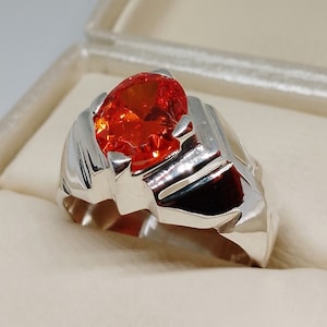 Rare Oval Cut Fire Orange Zircon Mens Star Ring Sterling Silver 925 Handmade Orange Zircon Ring
