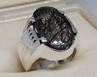 Natural Muh e Najaf Sterling Silver 925 Handmade Mens Ring Rutilated Quartz Ring Black Quartz Ring