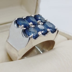Natural Six Ceylon Sapphire Mens Sterling Silver 925 Handmade Ring Deep Blue 6 Sapphire Statement Ring For Him Blue Sapphire Silver Ring