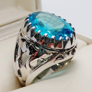 Anello Topazio Uomo Taglio Ovale Profondo Argento 925 Anello Topazio Blu Fatto a Mano Bellissimo Topazio Blu