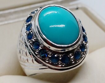 12 Carat Natural  Turquoise Sterling Silver 925 Real Neshapuri Feroza Handmade Ring Rare Old Oval Shape Firoza Ring with  Ceylon Sapphire