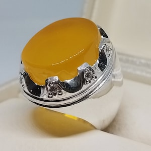 Natural Yellow Agate Sterling Silver 925 Handmade Ring, Yellow Aqeeq Ring, Zard Aqeeq Beautiful King Style Heavy Ring, Gift for him