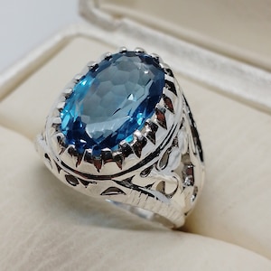 Anello da uomo con topazio ovale blu intenso in argento sterling 925, fatto a mano, di qualità, con topazio blu, elegante anello con topazio blu, regalo per lui